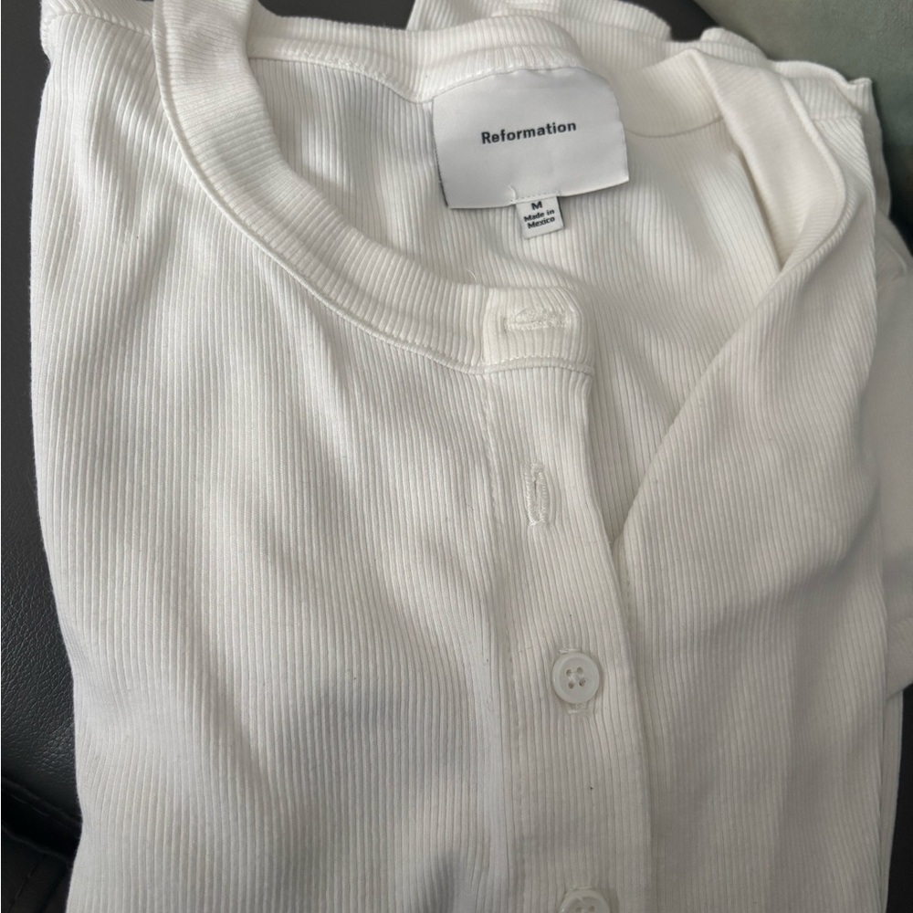 Reformation Ivory Ribbed Button-Up Top